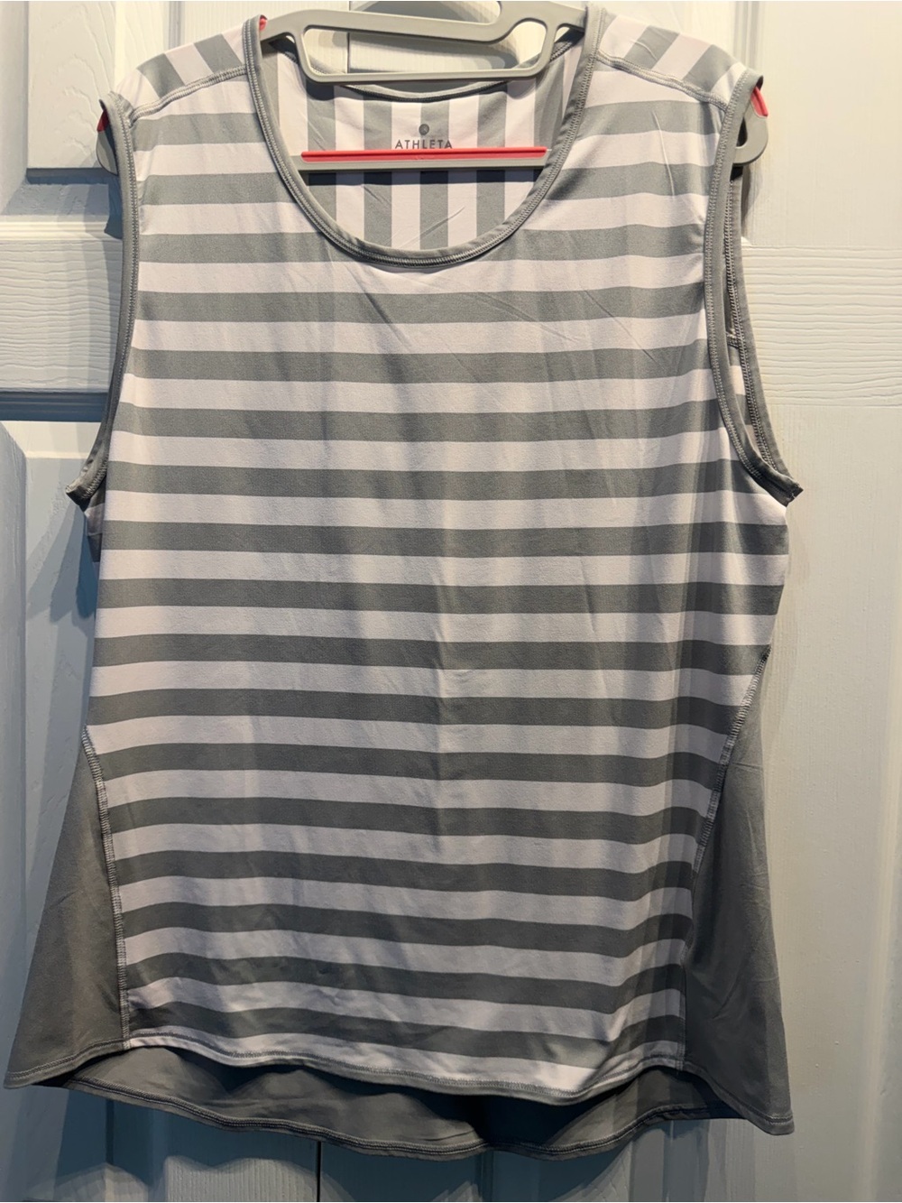 Athleta White and Light Gray Striped Sleeveless Tank